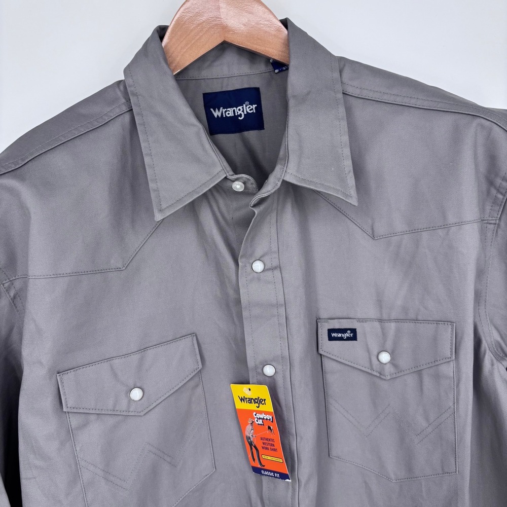 Wrangler Cowboy Cut Western Shirt Mens XXL Grey Pearl Snap Firm Finish Heavy NEW